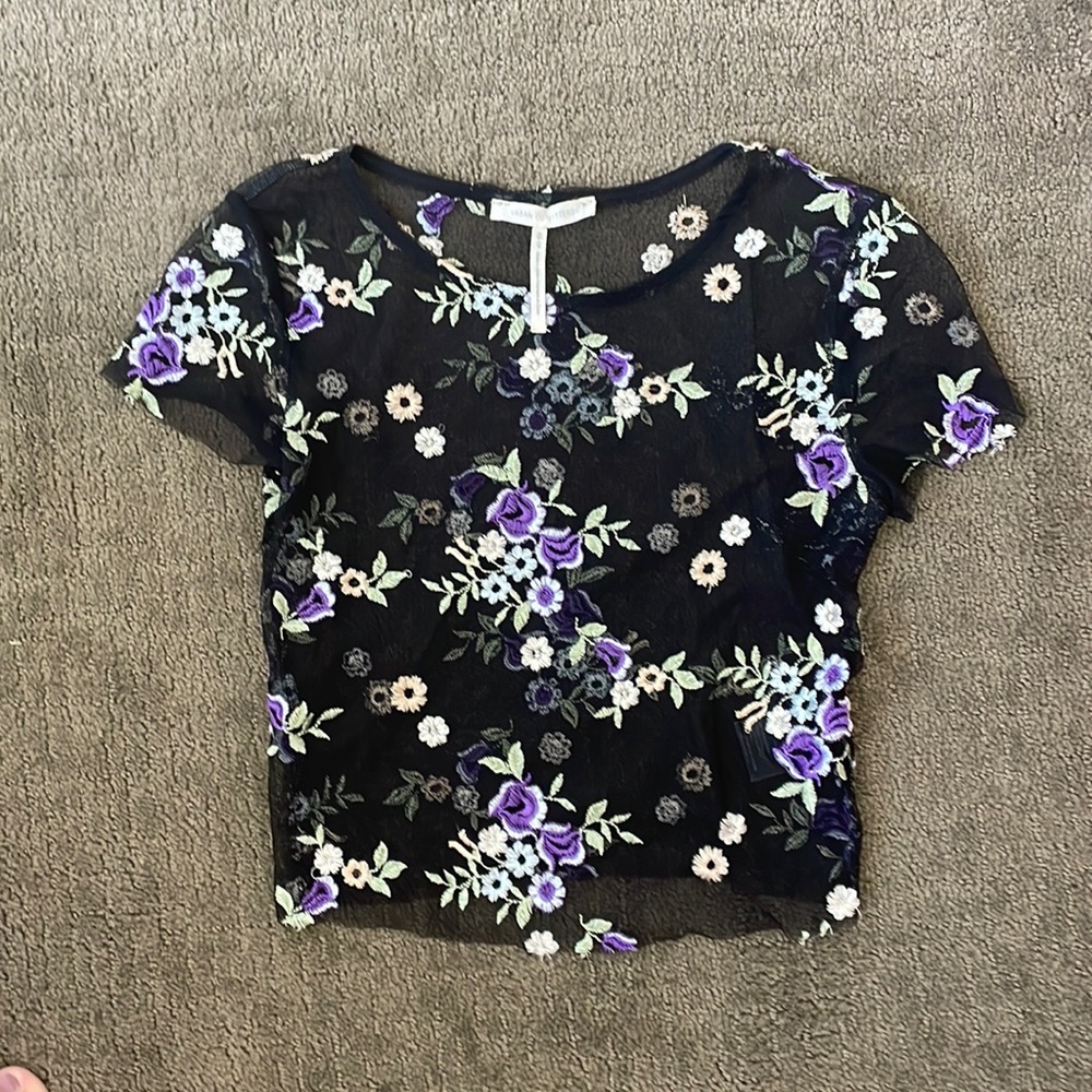 Black Floral Mesh Shirt - UO